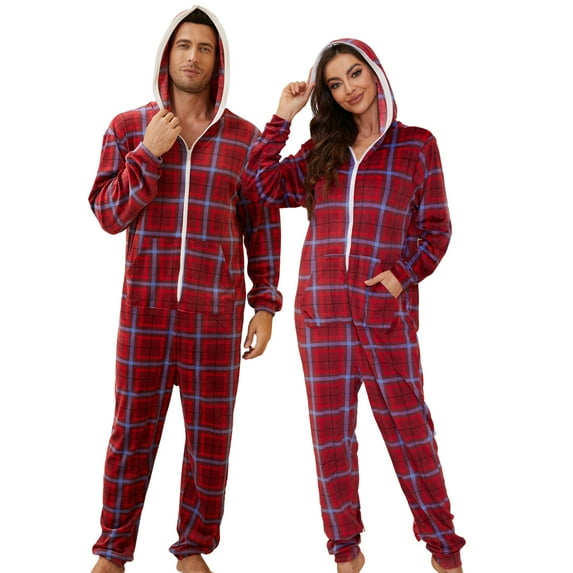 U2SKIIN Pajamas for Men Onesie, Zipper Matching Jumpsuit for Couples Ultra Soft Plaid Hooded Pjs Set,(Red Blue Plaid,L)