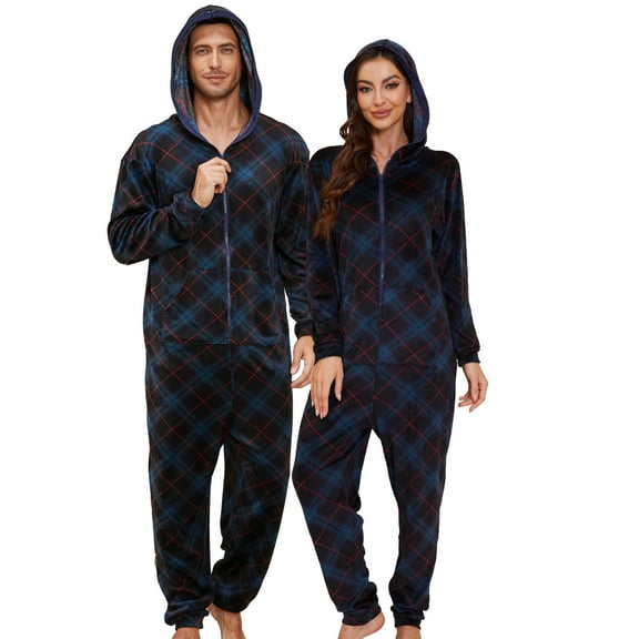 U2SKIIN Pajamas for Women Onesie, Zipper Matching Jumpsuit for Couples Ultra Soft Plaid Hooded Pjs Set,(Blue Green Plaid,L)