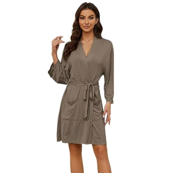 U2SKIIN Robes for Women, Lightweight Short Knit Kimono Knee Length Bathrobe for Womens Soft 3/4 Sleeves Summer Sleepwear(Brown, Small)