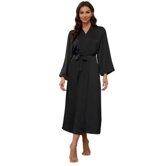U2SKIIN Satin Robes for Women, Full-length Soft Silk Lightweight Bathrobe,(Black,S)