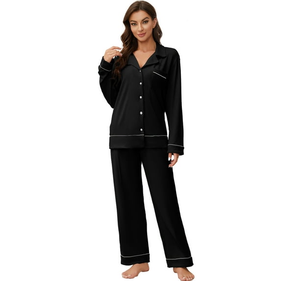 U2SKIIN Women Button Up Pajama Sets,Long Sleeve Sleepwear knit Lounge Pjs,(Black,L)