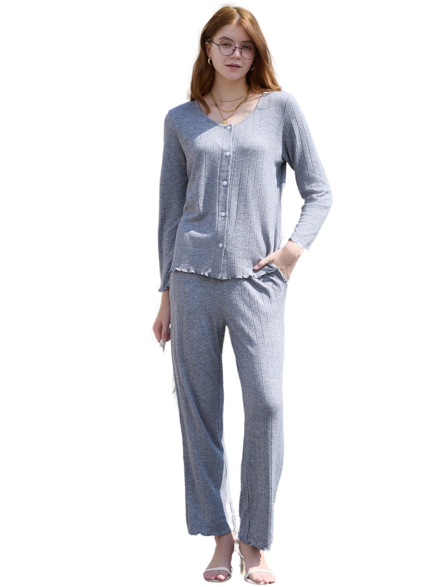 【MOODMOON】Mix Terry Long Sleeve Pajama Set U2SKIIN Women Button up Pajama Set, Lightweight Long Sleeve