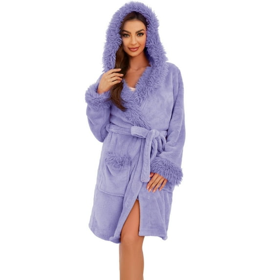 U2SKIIN Women Fleece Hooded Robe, Short Plush Bathrobe Warm Fluffy Cute Spa Robe,(Lavender,S-M)
