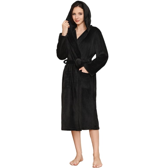 U2SKIIN Women Fleece Hooded Robe, Soft Plush Bathrobe Warm Fluffy Cute Spa Robe,(Black,L-XL)