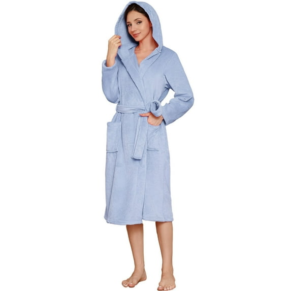 U2SKIIN Women Fleece Hooded Robe, Soft Plush Bathrobe Warm Fluffy Cute Spa Robe,(Light Blue,2XL-3XL)