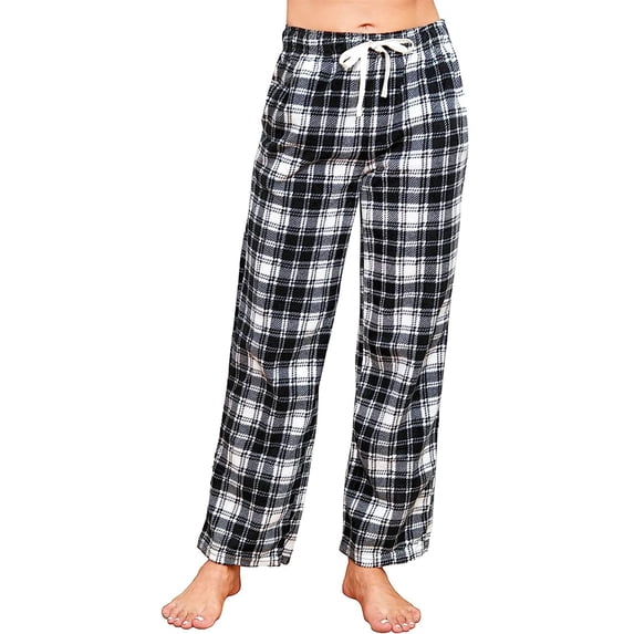 U2SKIIN Women Fleece Pajama Pants, Comfy Plaid PJ Bottoms For Women with Pockets Soft Warm(Black-White Plaid, Medium)