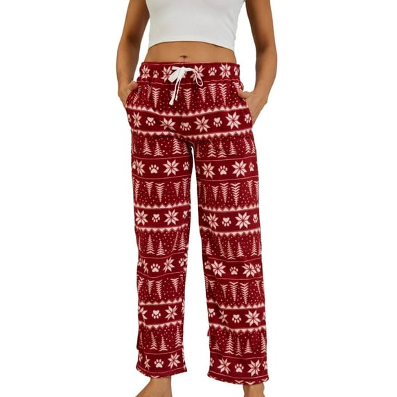 U2SKIIN Women Fleece Pajama Pants, Comfy Plaid PJ Bottoms For Women with Pockets Soft Warm(Dark red-Christmas tree, Medium)