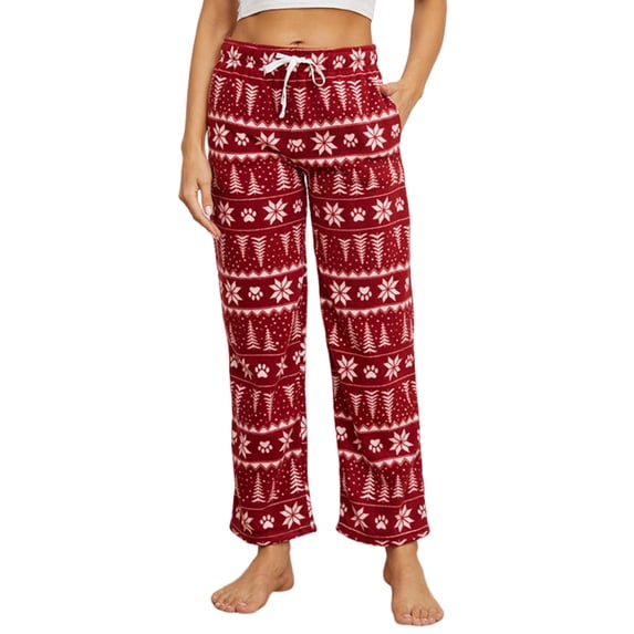 U2SKIIN Women Fleece Pajama Pants, Comfy Plaid PJ Bottoms For Women with Pockets Soft Warm(Dark red-Christmas tree, Small)
