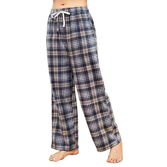 U2SKIIN Women Fleece Pajama Pants, Comfy Plaid PJ Bottoms For Women with Pockets Soft Warm(Grey-yellow Plaid, Small)