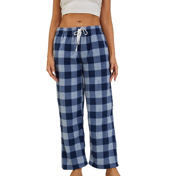 U2SKIIN Women Fleece Pajama Pants, Comfy Plaid PJ Bottoms For Women with Pockets Soft Warm(Navy-Blue Gray Plaid, Large)