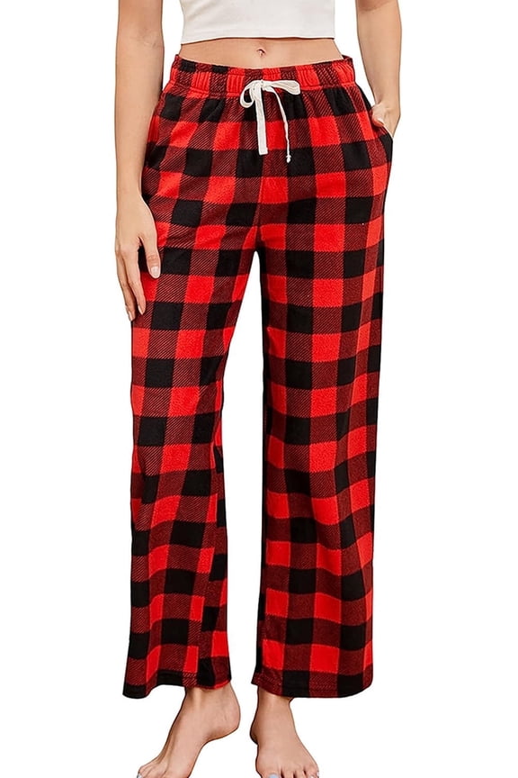 Women Fleece Pajama Pants, Comfy Plaid PJ Bottoms For Women with Pockets Soft Warm(Red-Black Buffalo Plaid, Medium)