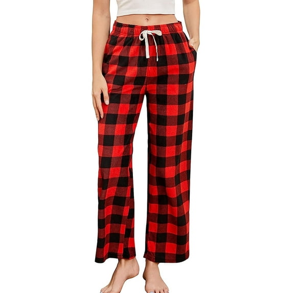 U2SKIIN Women Fleece Pajama Pants, Comfy Plaid PJ Bottoms For Women with Pockets Soft Warm(Red-Black Buffalo Plaid, Medium)