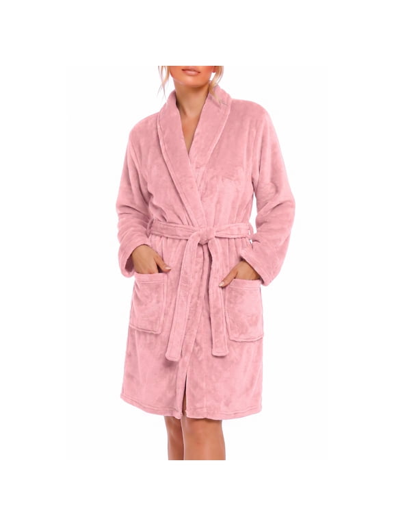 Women Fleece Robe, Short Cozy Plush Robes for Womens Soft Shawl Collar Warm Spa Bathrobe(Bean Pink, Small-Medium)