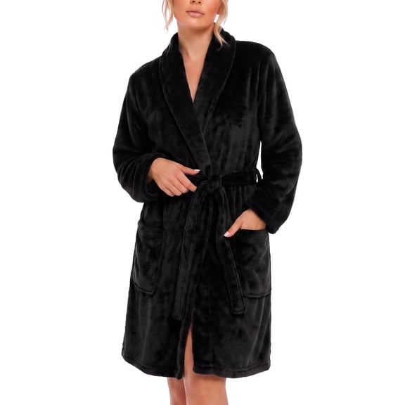 U2SKIIN Women Fleece Robe, Short Cozy Plush Robes for Womens Soft Shawl Collar Warm Spa Bathrobe(Black, Small-Medium)