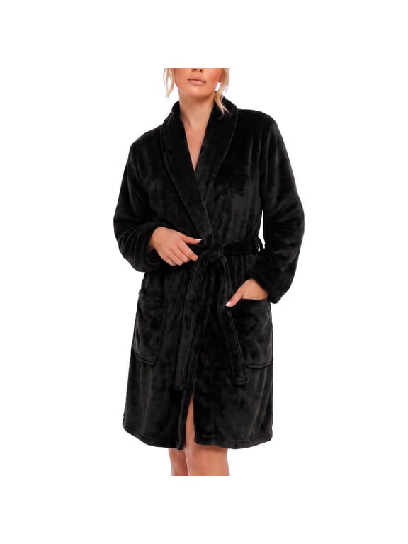 Women Fleece Robe, Short Cozy Plush Robes for Womens Soft Shawl Collar Warm Spa Bathrobe(Black, Small-Medium)