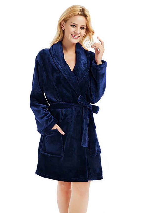 Women Fleece Robe, Short Cozy Plush Robes for Womens Soft Shawl Collar Warm Spa Bathrobe(Navy, XX-3X-Large)