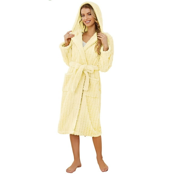 U2SKIIN Women Fuzzy Robes, Hooded Soft Long Plush Fluffy Bathrobes(Light Yellow,S-M)
