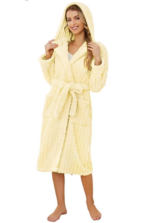 Women Fuzzy Robes, Hooded Soft Long Plush Fluffy Bathrobes(Light Yellow,S-M)