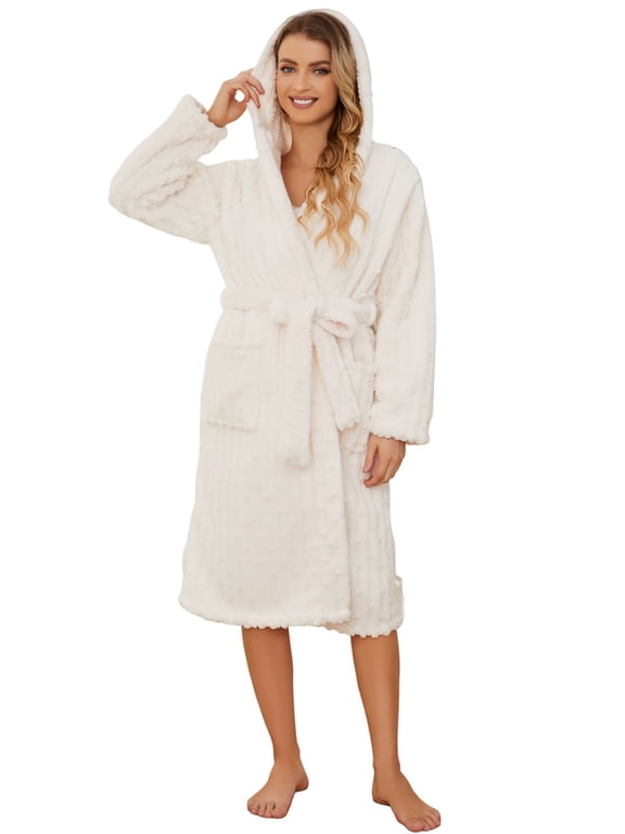 Women Fuzzy Robes, Hooded Soft Long Plush Fluffy Bathrobes(Off-White,2XL-3XL)