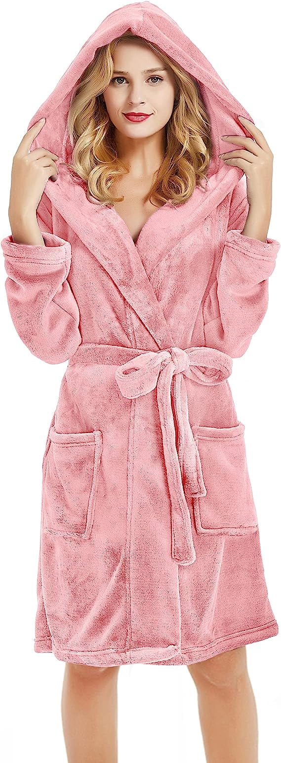 U2SKIIN Women Hooded Fleece Bathrobe, Bean Pink, Fluffy Plush Warm Tie  Closure - Walmart.com