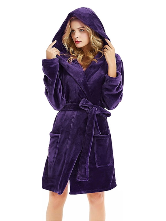 Women Hooded Fleece Robe, Short Plush Robes for Womens With Hood Soft Warm Spa Bathrobe(Dark Purple-hooded, Large-X-Large)