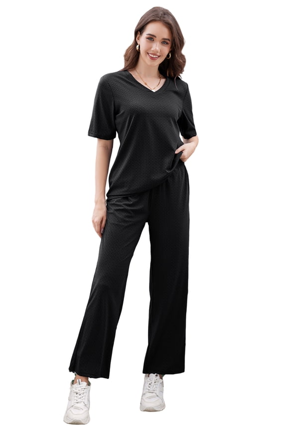 Women Pajama Sets, Lightweight Nightwear Short Sleeve Sleepwear with Long Pants,(Black,L)