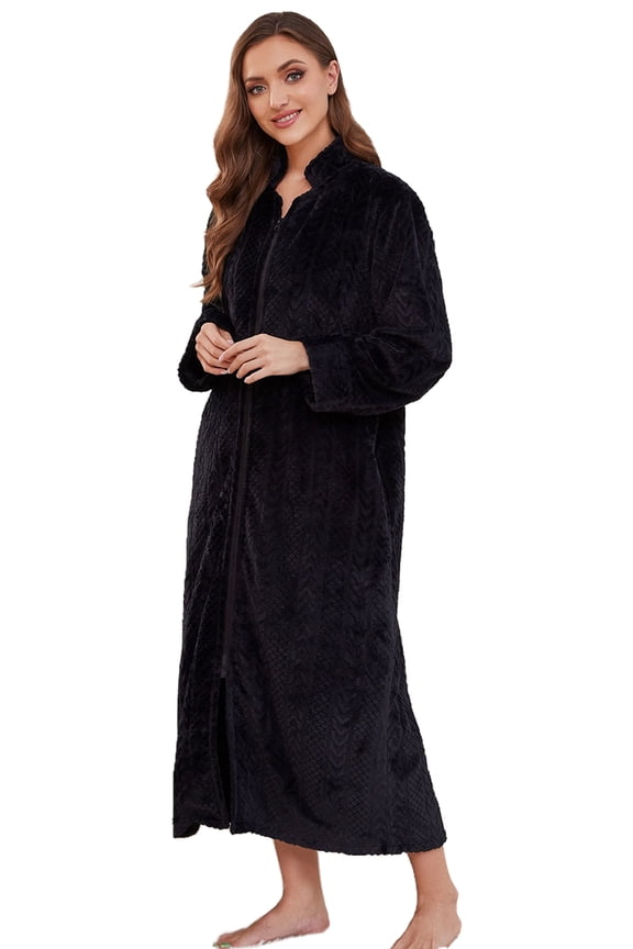 Women Plush Zipper Robe, Long Fleece House Coat Nightgown with Pockets Solid Bathrobe (Black, L/XL)