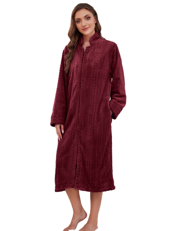 Women Plush Zipper Robe, Long Fleece House Coat Nightgown with Pockets Solid Bathrobe (Burgundy, L/XL)