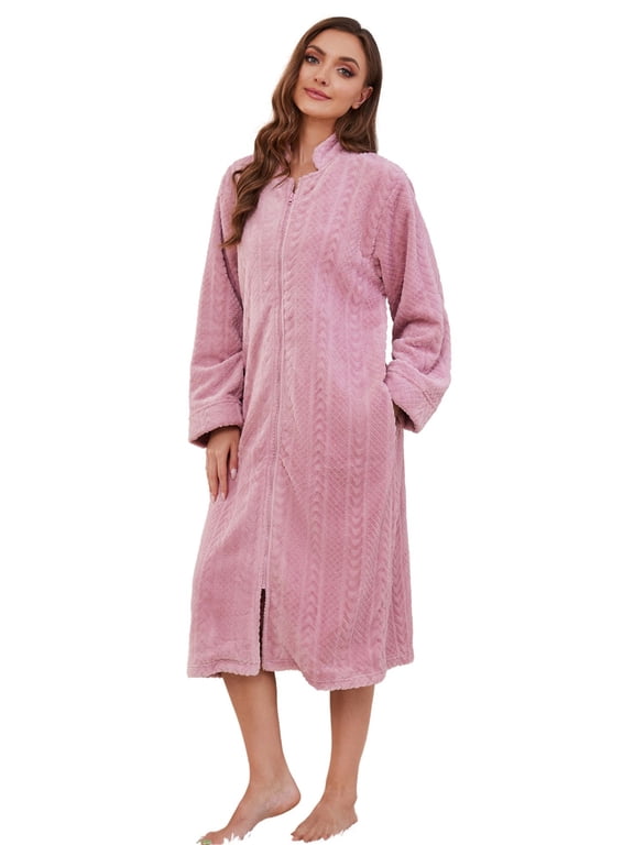Women Plush Zipper Robe, Long Fleece House Coat Nightgown with Pockets Solid Bathrobe (Light Pink, L/XL)