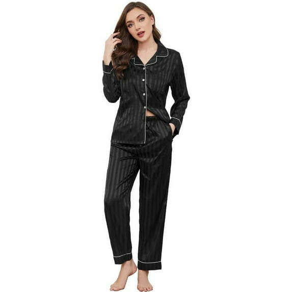 U2SKIIN Women Satin Pajamas Set, Long Sleeve Silk Pajamas for Women Striped Button Down 2-Piece Pj Set (Black Stripe, Large)