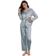 U2SKIIN Women Satin Pajamas Set, Long Sleeve Silk Pajamas for Women Striped Button Down 2-Piece Pj Set （Light Pink Stripe, Medium）