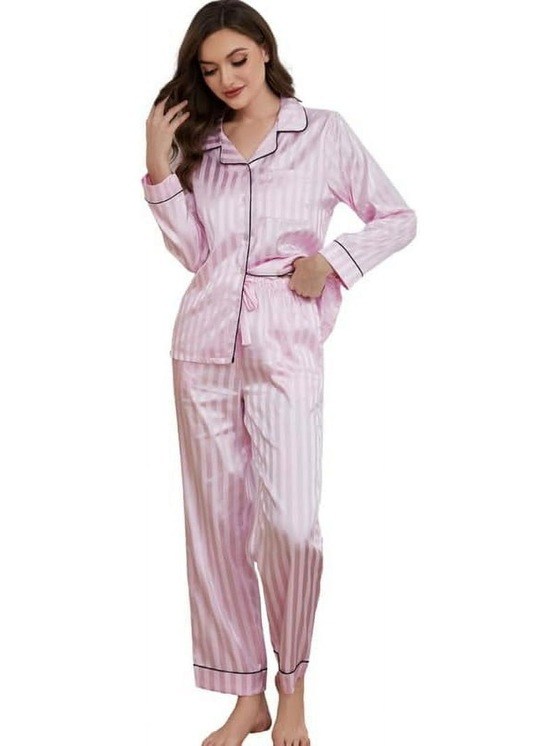 Pyjama En Soie Rose à Rayures - Taille S/M Pour Femme