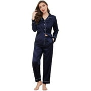 U2SKIIN Women Satin Pajamas Set, Long Sleeve Silk Pajamas for Women Striped Button Down 2-Piece Pj Set （Black Stripe, Small）