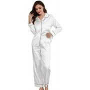 U2SKIIN Women Satin Pajamas Set, Long Sleeve Silk Pajamas for Women Striped Button Down 2-Piece Pj Set （White Stripe, Large）