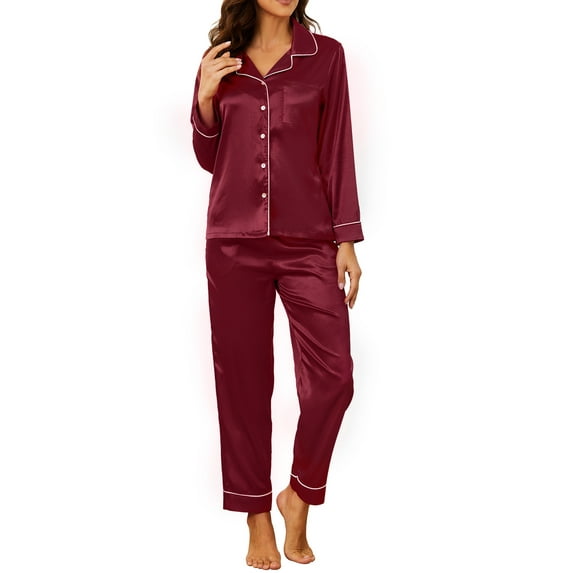 U2SKIIN Women Silk Button Down Pajamas Set, Long Sleeve Satin Pajamas Sleepwear Pjs Set,(Burgundy,XL)