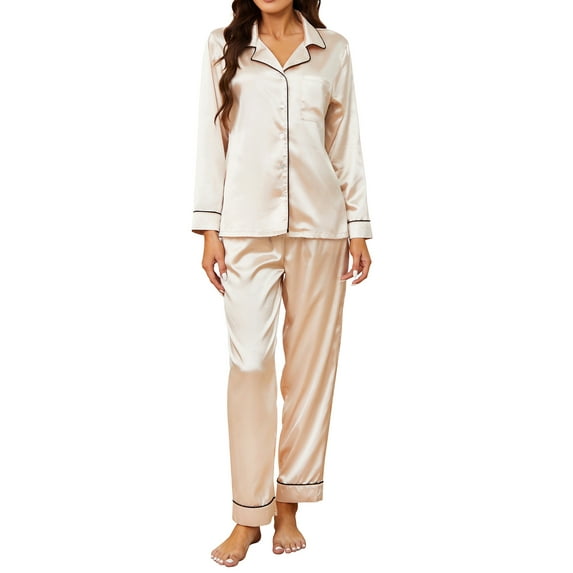 U2SKIIN Women Silk Button Down Pajamas Set, Long Sleeve Satin Pajamas Sleepwear Pjs Set,(Champagne,2XL)