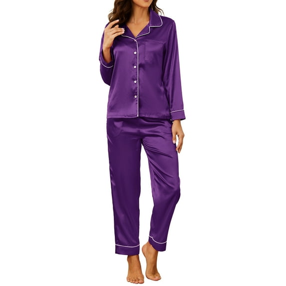U2SKIIN Women Silk Button Down Pajamas Set, Long Sleeve Satin Pajamas Sleepwear Pjs Set,(Dark Purple,M)