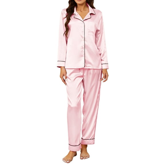 U2SKIIN Women Silk Button Down Pajamas Set, Long Sleeve Satin Pajamas Sleepwear Pjs Set,(Pink,S)