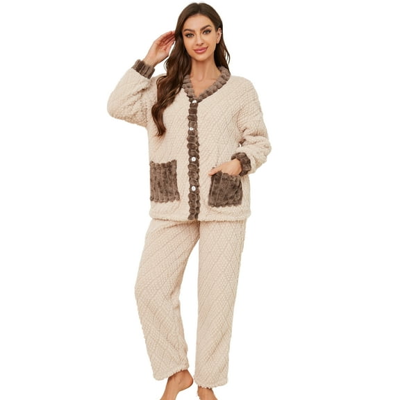 U2SKIIN Women's Fleece Pajama Set, Soft Plush Jacquard Sleepwear Cozy Lounge Pjs set,(Beige+Dark Brown,L)