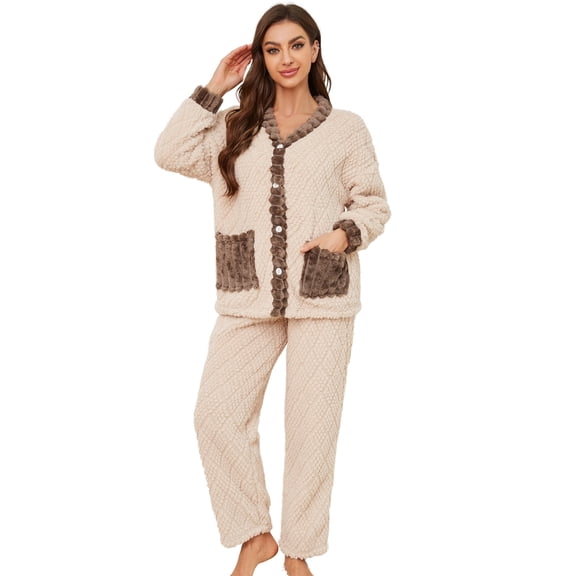 U2SKIIN Women's Fleece Pajama Set, Soft Plush Jacquard Sleepwear Cozy Lounge Pjs set,(Beige+Dark Brown,XL)