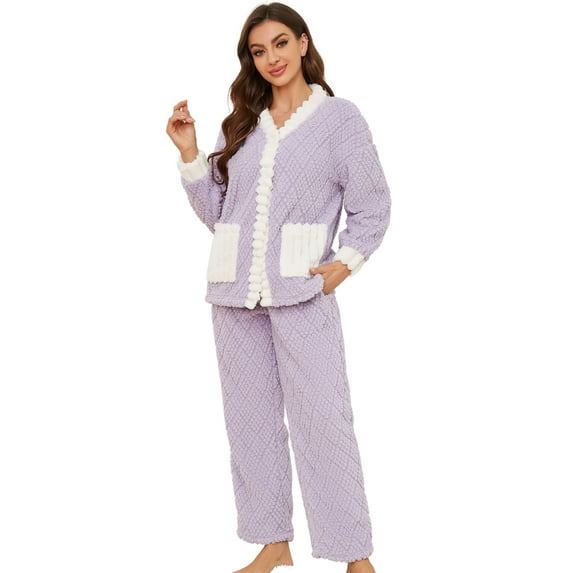 U2SKIIN Women's Fleece Pajama Set, Soft Plush Jacquard Sleepwear Cozy Lounge Pjs set,(Lavender+White,2XL)