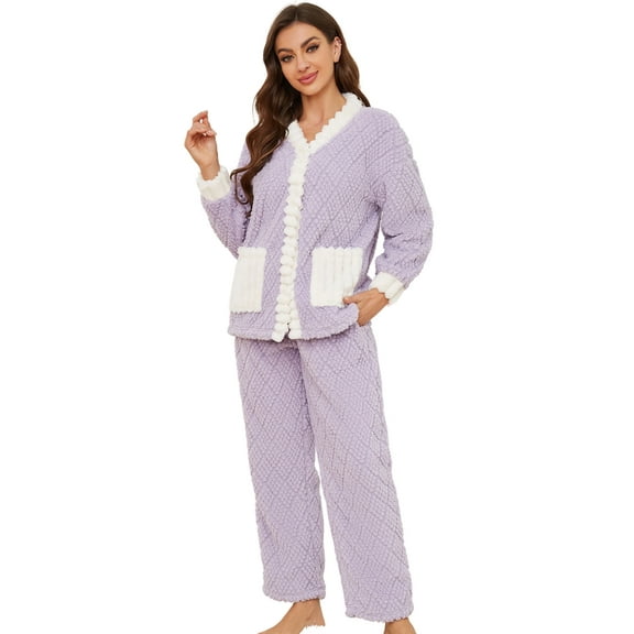 U2SKIIN Women's Fleece Pajama Set, Soft Plush Jacquard Sleepwear Cozy Lounge Pjs set,(Lavender+White,M)