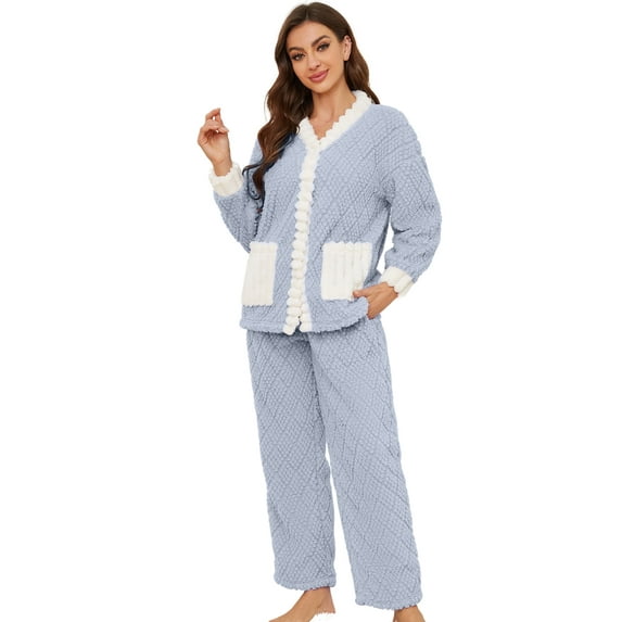 U2SKIIN Women's Fleece Pajama Set, Soft Plush Jacquard Sleepwear Cozy Lounge Pjs set,(Light Blue+White,M)