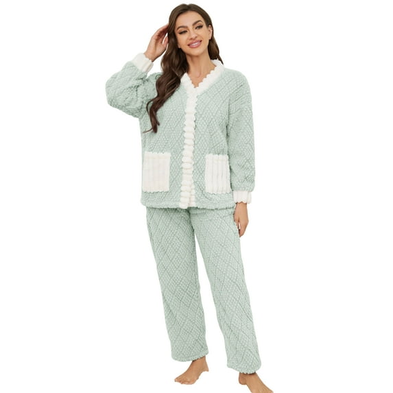 U2SKIIN Women's Fleece Pajama Set, Soft Plush Jacquard Sleepwear Cozy Lounge Pjs set,(Light Green+White,M)