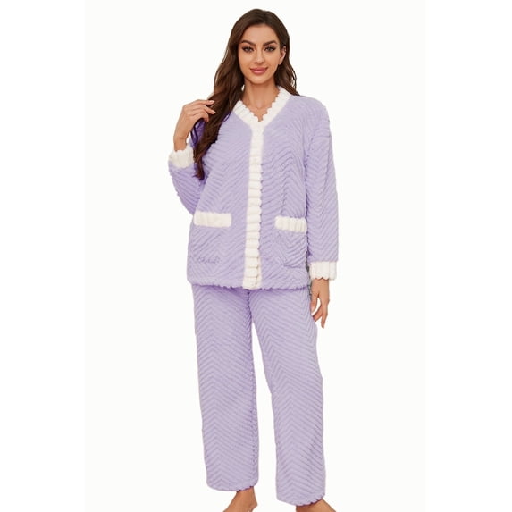 U2SKIIN Women's Plush Fleece Pajama Set,Soft Cozy Pajama for Women Warm Sleepwear Lounge PJS(Lavender+White, M)