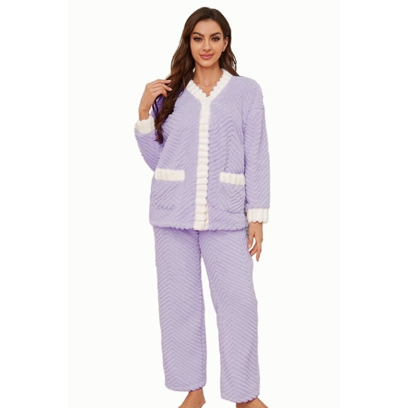 U2SKIIN Women's Plush Fleece Pajama Set,Soft Cozy Pajama for Women Warm Sleepwear Lounge PJS(Lavender White, M)