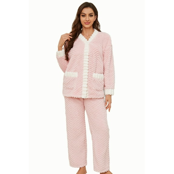 U2SKIIN Women's Plush Fleece Pajama Set,Soft Cozy Pajama for Women Warm Sleepwear Lounge PJS(Pink+White, M)