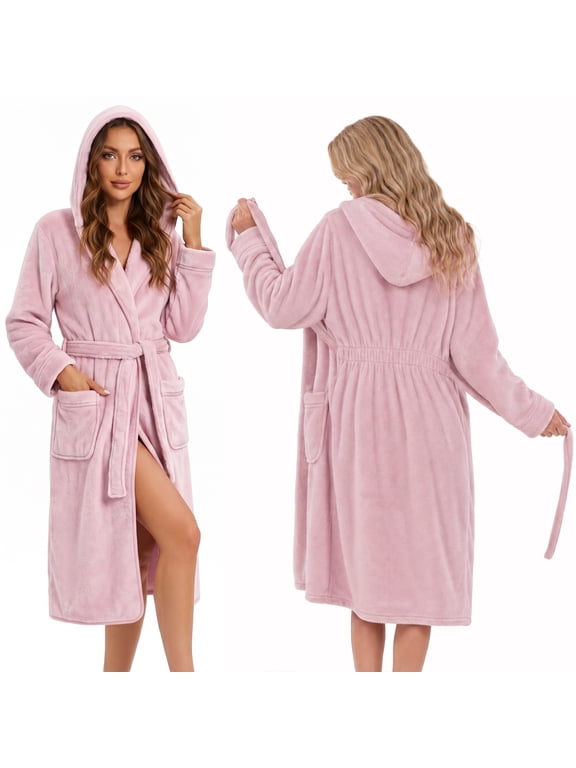 Women's Robe,Cozy Hooded Robe with Pockets Soft Fleece Bathrobe for Women