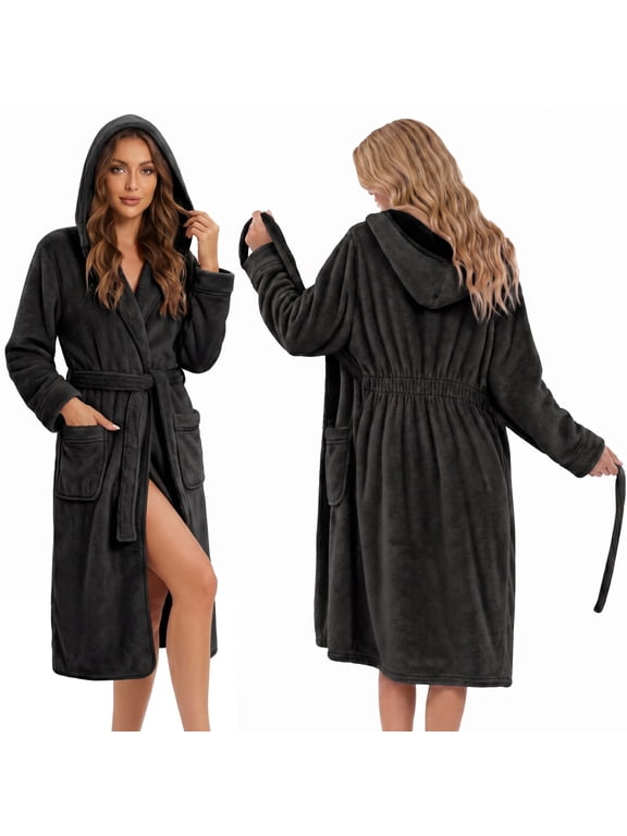Women's Robe,Cozy Hooded Robe with Pockets Soft Fleece Bathrobe for Women