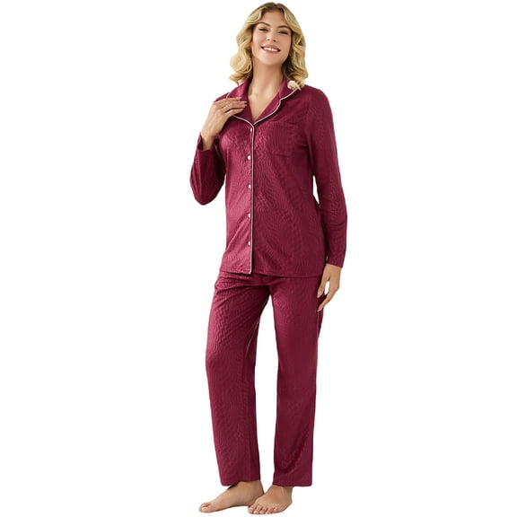 U2SKIIN Womens Button Down Pajama Set, Fleece Sleepwear Soft Warm Classic Lapels Cozy Lounge,(Burgundy,L)